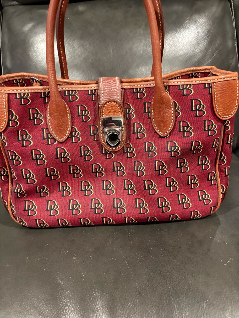 Dooney & Bourke Burgundy Signature DB Small Double Handle Tite w/ Leather Trim